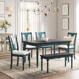 Kelly Clarkson Home Bastion 6 - Person Solid Wood Dining Set Wood/Upholstered Chairs in Blue | Wayfair 0594729F00B54D928DE2C987D06E011E