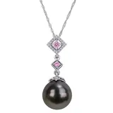 "Stella Grace 10k White Gold 1/10 Carat T.W. Diamond, Pink Sapphire & Dyed Black Tahitian Cultured Pearl Pendant, Women's, Size: 17"", Multicolor"