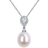 "Stella Grace 10k White Gold Diamond Accent, Aquamarine & Freshwater Cultured Pearl Fashion Pendant, Women's, Size: 17"", Multicolor"