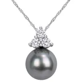 "Stella Grace 10k White Gold Lab-Created White Sapphire & Dyed Black Tahitian Cultured Pearl Pendant, Women's, Size: 17"", Multicolor"