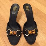 Gucci Shoes | Gucci Open Toe Pumps - Black Gg Fabric & Leather | Color: Black | Size: 6.5
