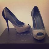 Gucci Shoes | Gucci Platform Peep Toe Heels 120mm | Color: Black/Gray | Size: 6.5