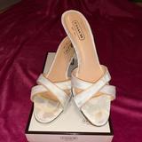 Coach Shoes | Coach 3in Heel White Slip On Sandals Size 8.5 | Color: Tan/White | Size: 8.5
