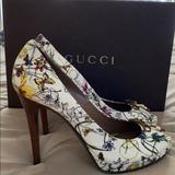 Gucci Shoes | Gucci Shoes Peep Toe Heels Canvas Floral Print | Color: Pink/Yellow | Size: 7