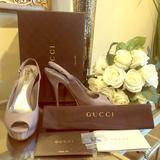 Gucci Shoes | Gucci Platform Peep Toe Sling Back In Taupe 38.5 | Color: Cream/Gray | Size: 8.5