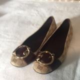 Gucci Shoes | Gucci Ladies Monogram Flat 7 12 B With Gold Ring | Color: Brown/Tan | Size: 7.5