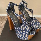Jessica Simpson Shoes | Jessica Simpson Wooden Platform Heels | Color: Blue/White | Size: 6