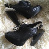 Nine West Shoes | Nine West Black Leather Peep Toe Platform Slings | Color: Black | Size: 8.5