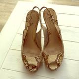 Gucci Shoes | Gucci Snakeskin Platform Peeptoe Slingbacks | Color: Brown/Tan | Size: 8