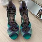 Jessica Simpson Shoes | Jessica Simpson Peep Toe Sandals Snakeskin Heel | Color: Green/Purple | Size: 8