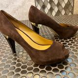 Nine West Shoes | Nine West Hotnhere Brown Leather Suede Peep-Toe | Color: Brown/Gold | Size: 7.5