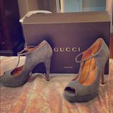 Gucci Shoes | Gucci Grey Suede Peep Toe Platform Pumps Size 38 | Color: Gray | Size: 8