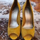 Nine West Shoes | Nine West Yellow Suede Open Toe Pumps 8m | Color: Gold/Yellow | Size: 8