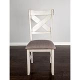 Longshore Tides Duerr Solid Wood Cross Back Side Chair in Antique White Wood/Upholstered/Fabric in Brown/White, Size 39.75 H x 18.25 W x 23.5 D in