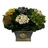 Primrue Echinops w/ Banksia, Brunia, Pharalis & Hydrangea Basil Mixed Centerpiece in Planter Preserved in Gray/White/Yellow | Wayfair