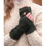 West End Knitwear Women's Arm Warmers Dark - Dark Green Cable-Knit Merino Wool Aran Fingerless Mittens