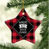 The Holiday Aisle® Star Soccer Player Holiday Shaped Ornament Ceramic/Porcelain in Black/Red, Size 3.1 H x 3.1 W x 3.1 D in | Wayfair