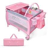 Costway Portable Foldable Baby Playard Nursery Center with Changing Station-Pink