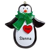 The Holiday Aisle® Penguin Heart Personalized Hanging Figurine Ornament Plastic in Black/Green/Red, Size 3.75 H x 3.5 W x 0.5 D in | Wayfair