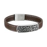 "Men's LYNX Stainless Steel Brown Leather Bracelet, Size: 8.5"""