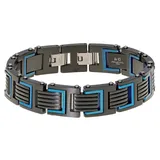 "Men's LYNX Black & Blue Ion-Plated Stainless Steel Ribbed Link Bracelet, Size: 8.5"""