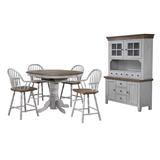 Sunset Trading Country Grove 6 Piece Round or Oval Extendable Pub Table Set With 4 Barstools with Arms With Lighted China Cabinet In Distressed Gray and Brown Wood - Sunset Trading DLU-CG4260CB30AGOBH6