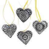 Zapotec Heart,'4 Zapotec Hand Painted Black and White Wood Heart Ornaments'