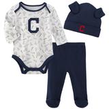 Newborn & Infant White/Navy Cleveland Indians Greatest Lil Player Bodysuit Pants Knit Hat Set
