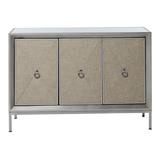 Rosdorf Park Anniston Gray Wood Upholstered Front Panel 1 Shelf & 3 Doors Cabinet w/Mirrored Top & Ring Handles Wood in Brown/Gray | Wayfair 39862