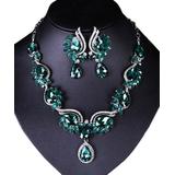 Ella & Elly Women's Earrings Green - Green Crystal Teardrop Pendant Necklace & Drop Earrings Set