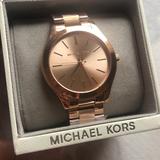 Michael Kors Accessories | Michael Kors Slim Runway Three-Hand Watch | Color: Gold/Tan | Size: Os