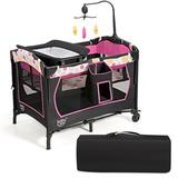 Costway 3-in-1 Convertible Portable Baby Playard with Music Box and Wheel and Brakes-Pink