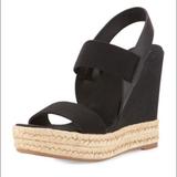 Tory Burch Shoes | Tory Burch Black 2-Band Canvas Wedge Sandals | Color: Black/Tan | Size: 7