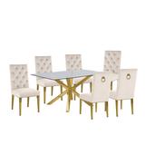 Willa Arlo™ Interiors Avalon 6 - Person Dining Set Wood/Glass/Upholstered/Metal in Brown/Yellow | Wayfair D993847862CB464E87EC4B2B1D12812D