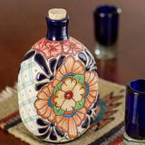 Canora Grey Gabriel Garden Festivities Floral Tequila 20 Oz. Wine Decanter Ceramic in Blue/Orange, Size 7.5 H x 4.4 W in | Wayfair