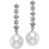 18k White Gold Geometric Cultured Freshwater Pearl & Diamond Drop Earrings - White - Mastoloni Earrings