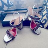 Gucci Shoes | Gucci Bertie Crystal Web Sandals Square Toe 6.5m New | Color: Silver | Size: 6.5