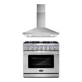 Cosmo 2 Piece Kitchen Package w/ 36" Freestanding Gas Range & 36" Wall Mount Range Hood, Stainless Steel in Gray | Wayfair COS-2PKG-078