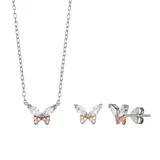 PRIMROSE Sterling Silver 18k Rose Gold Plated Marquise Cubic Zirconia Butterfly Pendant Necklace & Stud Earring Set, Women's, Pink