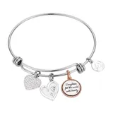 "Love This Life Two Tone Stainless Steel ""Daughters Fill the World With Beauty"" Rose Heart & Crystal Heart Charm Bangle Bracelet, Women's, Size: 8.25"","