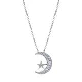 J'admire Silver Platinum Plated Sterling Silver 3/8 ct. t.w. Round Cut Cubic Zirconia Moon and Star Pendant Necklace, 16 in + 2 in Exte