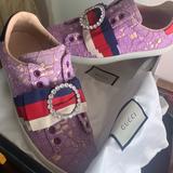 Gucci Shoes | Gucci Lacesatin Web Crystal Embellished Sneaker | Color: Purple/Silver | Size: 7.5