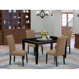 Winston Porter Erwica 4 - Person Rubberwood Solid Wood Dining Set Wood/Upholstered Chairs in Black | Wayfair CB6FD80C257D4DCD943884158B4A2C70
