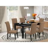 Winston Porter Lockaby 7 Piece Solid Wood Dining Set Wood/Upholstered Chairs in Black, Size 30.0 H in | Wayfair 03D864EB75B3492EA460671B98D81D6F
