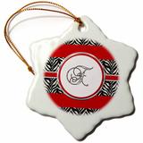 The Holiday Aisle® Elegant back Zebra Animal Print Monogram Letter F Snowflake Holiday Shaped Ornament Ceramic/Porcelain in Red | Wayfair