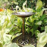 Fleur De Lis Living Outdoor Polyresin Antique Bird Bath w/ Solar Powered Round Pond Fountain Resin in Green, Size 28.0 H x 20.0 W x 20.0 D in
