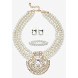 Plus Size Women's Gold Tone Simulated Pearl Bib 17" Necklace Set with Emerald Cut Crystals by PalmBeach Jewelry in Diamond