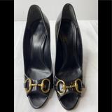 Gucci Shoes | Gucci Patent Distressed Horsebit Peep Toe Pumps 9 | Color: Black/Gray | Size: 9