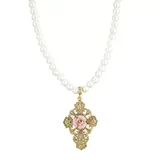 1928 Gold Tone Simulated Pearl & Pink Porcelain Rose Cross Pendant Necklace, Women's, White
