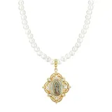 1928 Gold Tone Simulated Pearl Mary Decal Pendant Necklace, Women's, White